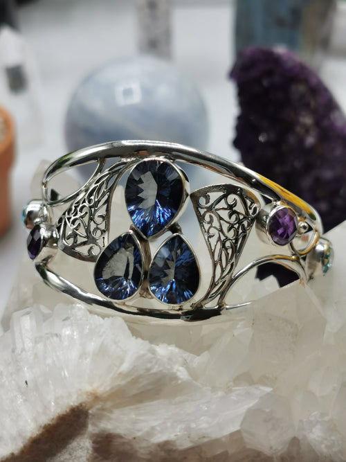 Beautiful Bracelet in Mystic, Amethyst and Blue Topaz stone made in 925 silver, free size | gemstone jewelry | crystal jewelry | quartz - Shwasam