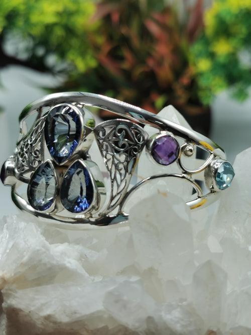 Beautiful Bracelet in Mystic, Amethyst and Blue Topaz stone made in 925 silver, free size | gemstone jewelry | crystal jewelry | quartz - Shwasam