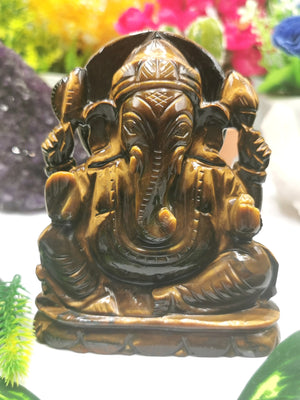 Tiger Eye Handmade Carving of Ganesh - Lord Ganesha Idol | Sculpture in Crystals/Gemstones - Reiki/Chakra/Healing - Shwasam