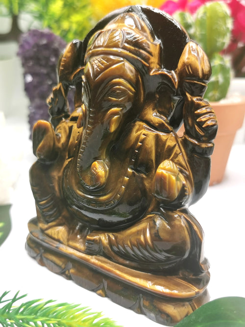 Tiger Eye Handmade Carving of Ganesh - Lord Ganesha Idol | Sculpture in Crystals/Gemstones - Reiki/Chakra/Healing - Shwasam