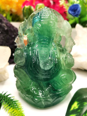 Green Fluorite Handmade Carving of Ganesh - Lord Ganesha Idol/Sculpture in Crystals and Gemstones - Shwasam