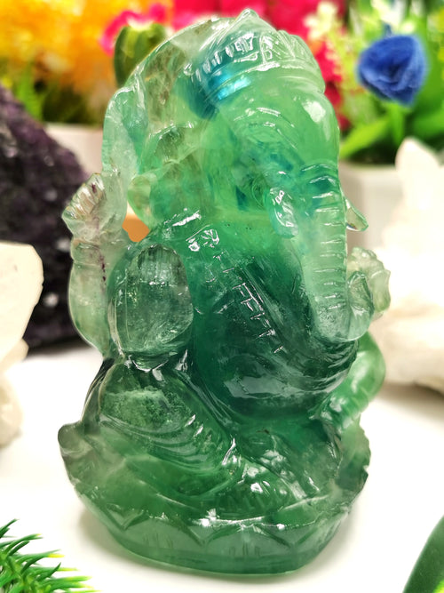 Green Fluorite Handmade Carving of Ganesh - Lord Ganesha Idol/Sculpture in Crystals and Gemstones - Shwasam