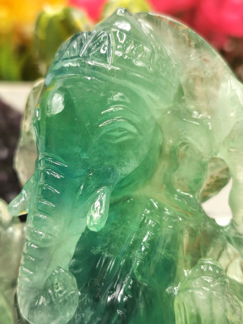Green Fluorite Handmade Carving of Ganesh - Lord Ganesha Idol/Sculpture in Crystals and Gemstones - Shwasam