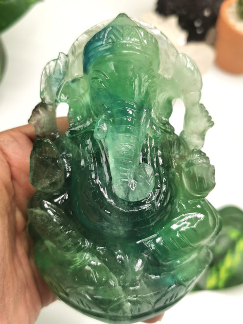 Green Fluorite Handmade Carving of Ganesh - Lord Ganesha Idol/Sculpture in Crystals and Gemstones - Shwasam