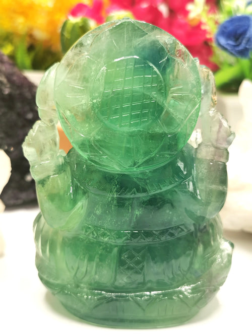 Green Fluorite Handmade Carving of Ganesh - Lord Ganesha Idol/Sculpture in Crystals and Gemstones - Shwasam