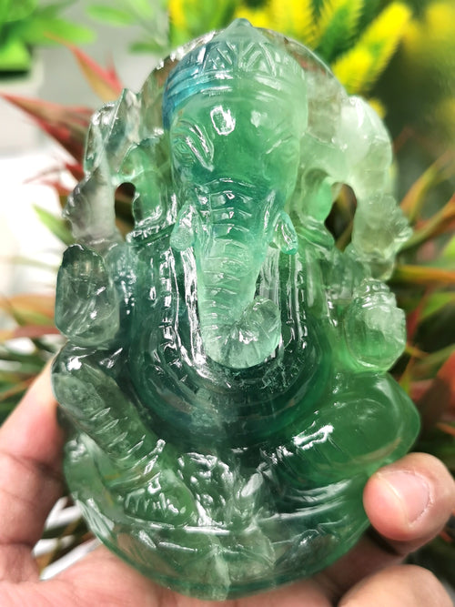 Green Fluorite Handmade Carving of Ganesh - Lord Ganesha Idol/Sculpture in Crystals and Gemstones - Shwasam