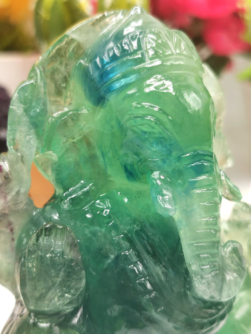 Green Fluorite Handmade Carving of Ganesh - Lord Ganesha Idol/Sculpture in Crystals and Gemstones - Shwasam