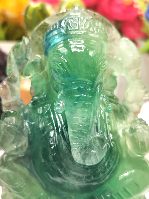 Green Fluorite Handmade Carving of Ganesh - Lord Ganesha Idol/Sculpture in Crystals and Gemstones - Shwasam