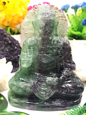 Multicolor Fluorite Standing Buddha - handmade carving of serene and meditating Lord Buddha - crystal/reiki/healing - Shwasam