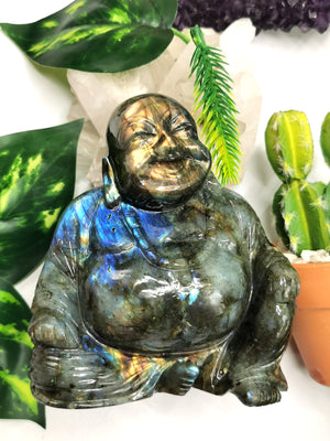 Labradorite Laughing Buddha Hotei - handmade carving of serene and smiling Buddha - Shwasam