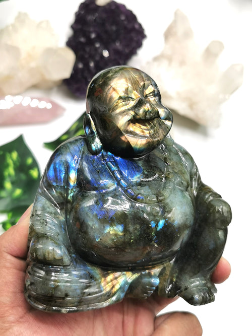 Labradorite Laughing Buddha Hotei - handmade carving of serene and smiling Buddha - Shwasam
