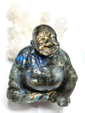 Labradorite Laughing Buddha Hotei - handmade carving of serene and smiling Buddha - Shwasam