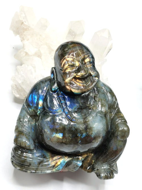 Labradorite Laughing Buddha Hotei - handmade carving of serene and smiling Buddha - Shwasam