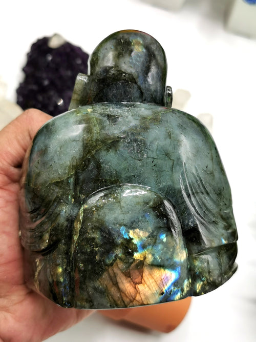 Labradorite Laughing Buddha Hotei - handmade carving of serene and smiling Buddha - Shwasam
