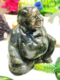 Labradorite Laughing Buddha Hotei - handmade carving of serene and smiling Buddha - Shwasam
