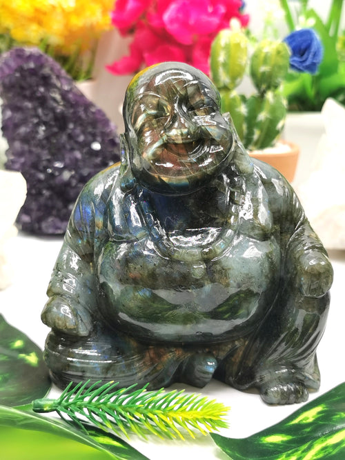 Labradorite Laughing Buddha Hotei - handmade carving of serene and smiling Buddha - Shwasam
