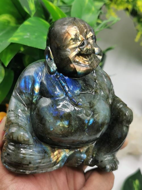 Labradorite Laughing Buddha Hotei - handmade carving of serene and smiling Buddha - Shwasam