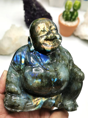 Labradorite Laughing Buddha Hotei - handmade carving of serene and smiling Buddha - Shwasam