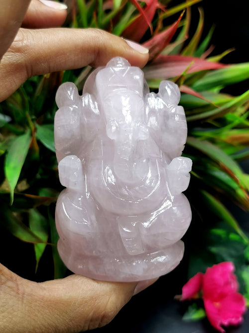 Ganesh statue in Rose Quartz - Handmade Carving of Lord Ganesha Idol | Sculpture in Crystals and Gemstones - ONE STATUE ONLY - Shwasam