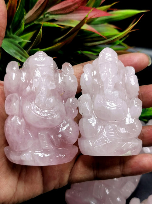 Ganesh statue in Rose Quartz - Handmade Carving of Lord Ganesha Idol | Sculpture in Crystals and Gemstones - ONE STATUE ONLY - Shwasam