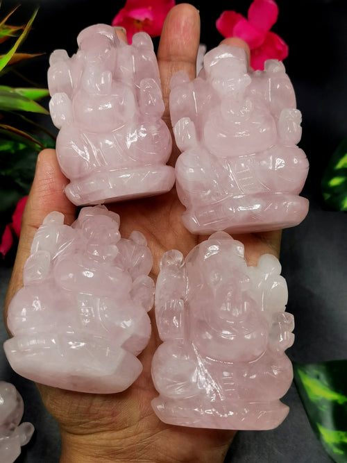 Ganesh statue in Rose Quartz - Handmade Carving of Lord Ganesha Idol | Sculpture in Crystals and Gemstones - ONE STATUE ONLY - Shwasam