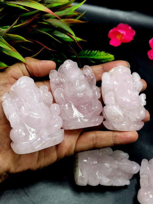 Ganesh statue in Rose Quartz - Handmade Carving of Lord Ganesha Idol | Sculpture in Crystals and Gemstones - ONE STATUE ONLY - Shwasam