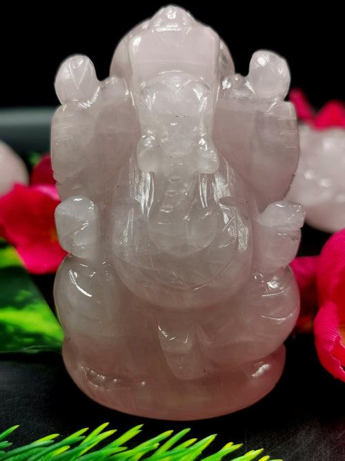 Ganesh statue in Rose Quartz - Handmade Carving of Lord Ganesha Idol | Sculpture in Crystals and Gemstones - ONE STATUE ONLY - Shwasam