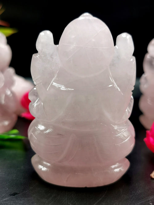 Ganesh statue in Rose Quartz - Handmade Carving of Lord Ganesha Idol | Sculpture in Crystals and Gemstones - ONE STATUE ONLY - Shwasam