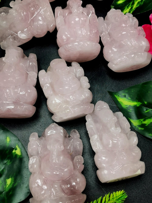 Ganesh statue in Rose Quartz - Handmade Carving of Lord Ganesha Idol | Sculpture in Crystals and Gemstones - ONE STATUE ONLY - Shwasam