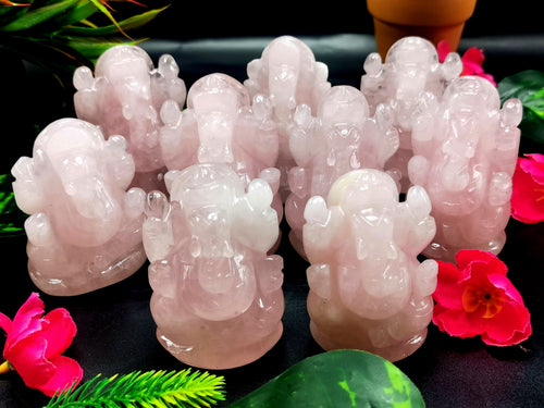 Ganesh statue in Rose Quartz - Handmade Carving of Lord Ganesha Idol | Sculpture in Crystals and Gemstones - ONE STATUE ONLY - Shwasam