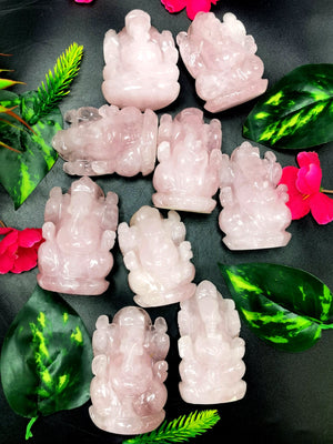 Ganesh statue in Rose Quartz - Handmade Carving of Lord Ganesha Idol | Sculpture in Crystals and Gemstones - ONE STATUE ONLY - Shwasam