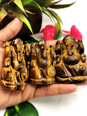 Ganesh Statue in Tiger Eye stone - Handmade Carving of Lord Ganesha Idol | Sculpture in Crystals and Gemstones - 90-120 gms - Shwasam