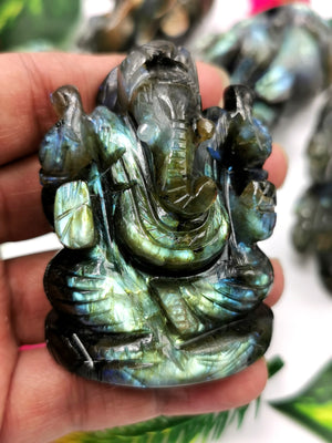 Ganesha Statue in Labradorite with blue / golden flash - Handmade Carving of Lord Ganesh Idol | Sculpture in Crystals and Gemstones 160 gms - Shwasam