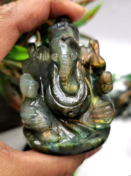 Ganesha Statue in Labradorite with blue / golden flash - Handmade Carving of Lord Ganesh Idol | Sculpture in Crystals and Gemstones 160 gms - Shwasam