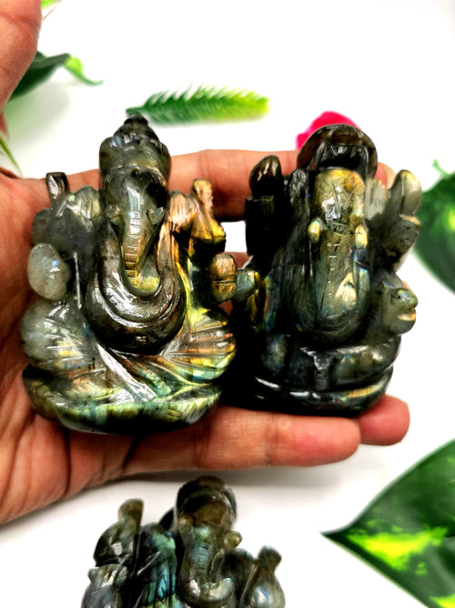 Ganesha Statue in Labradorite with blue / golden flash - Handmade Carving of Lord Ganesh Idol | Sculpture in Crystals and Gemstones 160 gms - Shwasam