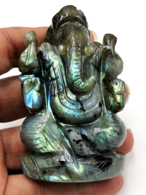 Ganesha Statue in Labradorite with blue / golden flash - Handmade Carving of Lord Ganesh Idol | Sculpture in Crystals and Gemstones 160 gms - Shwasam