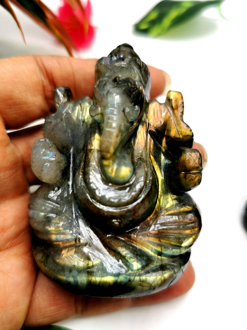 Ganesha Statue in Labradorite with blue / golden flash - Handmade Carving of Lord Ganesh Idol | Sculpture in Crystals and Gemstones 160 gms - Shwasam