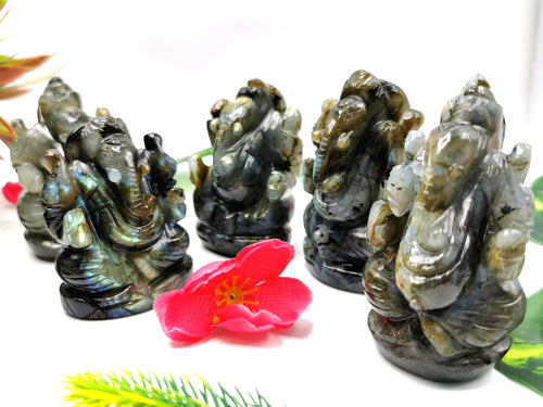 Ganesha Statue in Labradorite with blue / golden flash - Handmade Carving of Lord Ganesh Idol | Sculpture in Crystals and Gemstones 160 gms - Shwasam