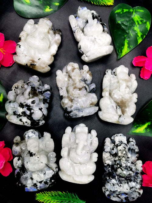 Moonstone Ganesh statue carving - Lord Ganesha Idol | Figurine in Crystals and Gemstones - 165 gms | ONE PEICE ONLY