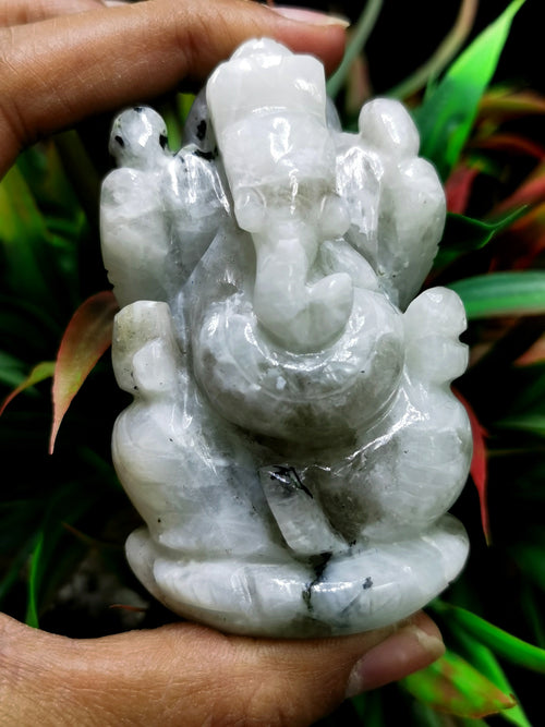 Moonstone Ganesh statue carving - Lord Ganesha Idol | Figurine in Crystals and Gemstones - 165 gms