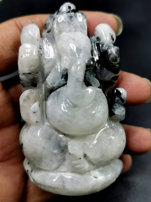Moonstone Ganesh statue carving - Lord Ganesha Idol | Figurine in Crystals and Gemstones - 165 gms | ONE PEICE ONLY