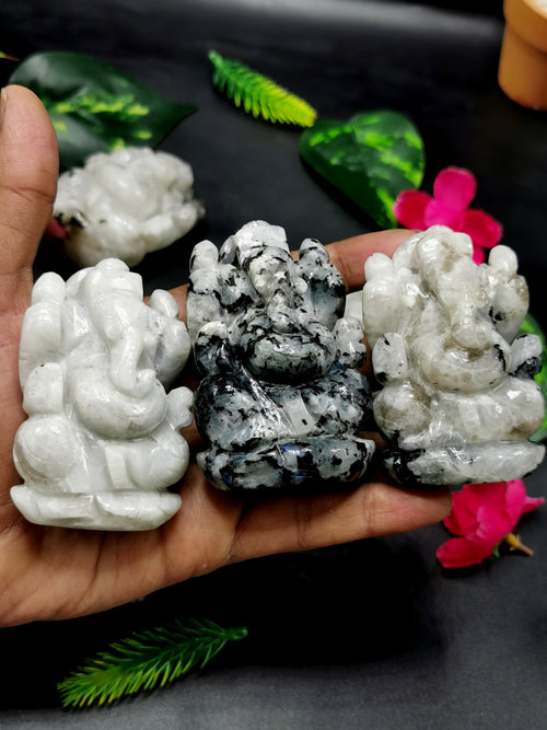 Moonstone Ganesh statue carving - Lord Ganesha Idol | Figurine in Crystals and Gemstones - 165 gms | ONE PEICE ONLY