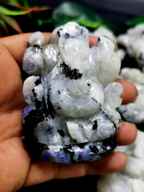 Moonstone Ganesh statue carving - Lord Ganesha Idol | Figurine in Crystals and Gemstones - 165 gms