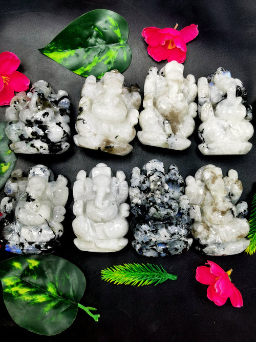 Moonstone Ganesh statue carving - Lord Ganesha Idol | Figurine in Crystals and Gemstones - 165 gms | ONE PEICE ONLY
