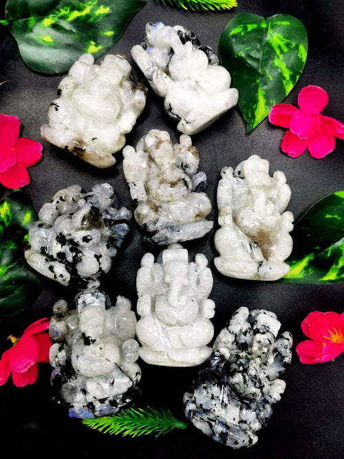 Moonstone Ganesh statue carving - Lord Ganesha Idol | Figurine in Crystals and Gemstones - 165 gms | ONE PEICE ONLY