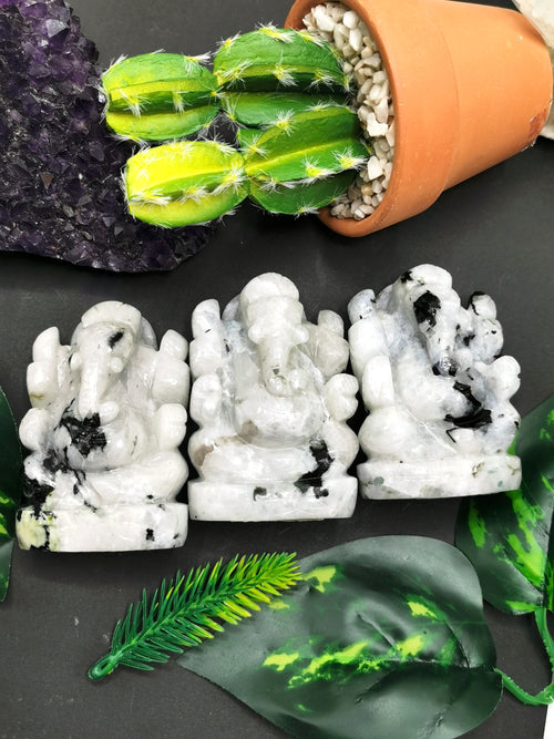 Rainbow moonstone Handmade Carving of Ganesh - Lord Ganesha Idol | Figurine in Crystals and Gemstones - 2.5 inches and 135 gms - ONE STATUE ONLY - Shwasam