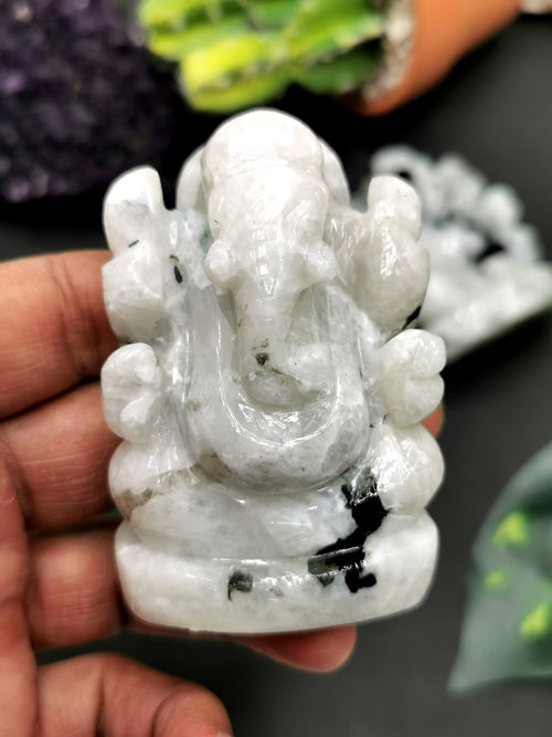 Rainbow moonstone Handmade Carving of Ganesh - Lord Ganesha Idol | Figurine in Crystals and Gemstones - 2.5 inches and 135 gms - ONE STATUE ONLY - Shwasam