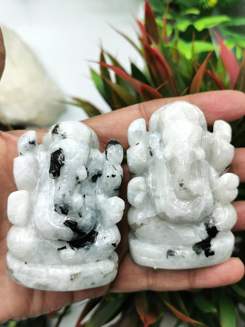 Rainbow moonstone Handmade Carving of Ganesh - Lord Ganesha Idol | Figurine in Crystals and Gemstones - 2.5 inches and 135 gms - ONE STATUE ONLY - Shwasam