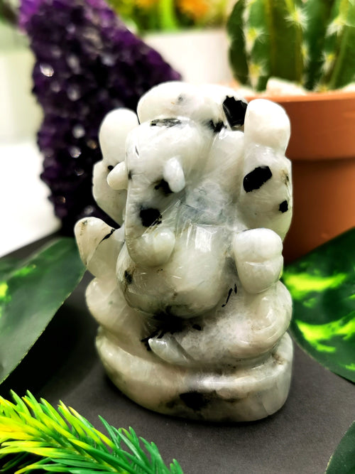 Rainbow moonstone Handmade Carving of Ganesh - Lord Ganesha Idol | Figurine in Crystals and Gemstones - 2.5 inches and 165 gms - ONE STATUE ONLY - Shwasam