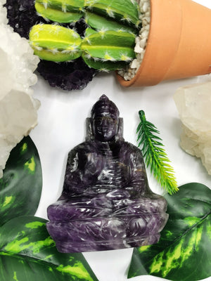 Amethyst Buddha - handmade carving of serene and meditating Lord Buddha - crystal/reiki/healing - 4 inches and 288 gms - Shwasam